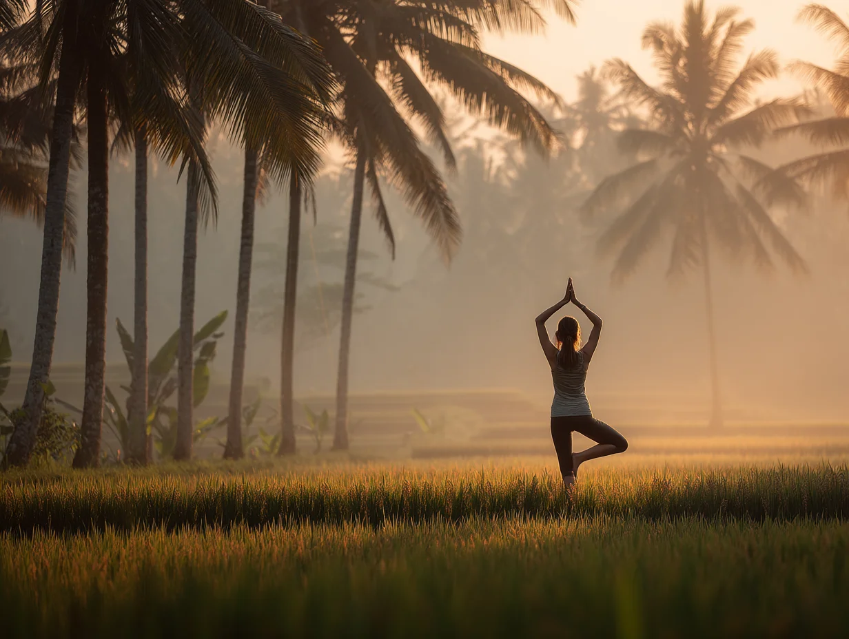Woman practicing yoga peacefully in a serene natural setting